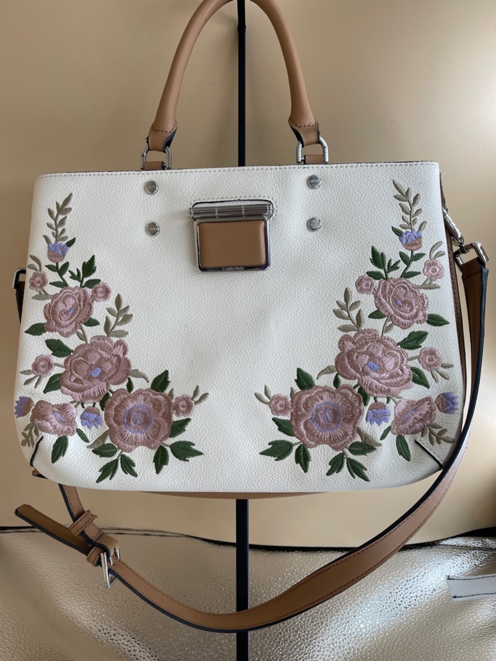 White Floral Embroidered Tote Bag with Tan Handles
